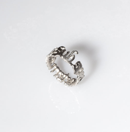 Product picture of a Sterling 925 silver ring shaped after the phrase 'sub specie aeternitatis.' The ring features the words crafted into its design and is displayed on a clean, white background, showcasing its unique shape and craftsmanship.